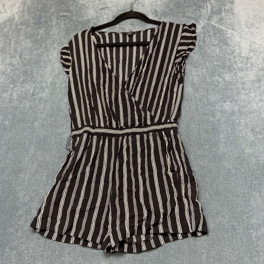 LOFT Wrap Romper Women's XS Black White Stripe Flutter Sleeve V-Neck Casual